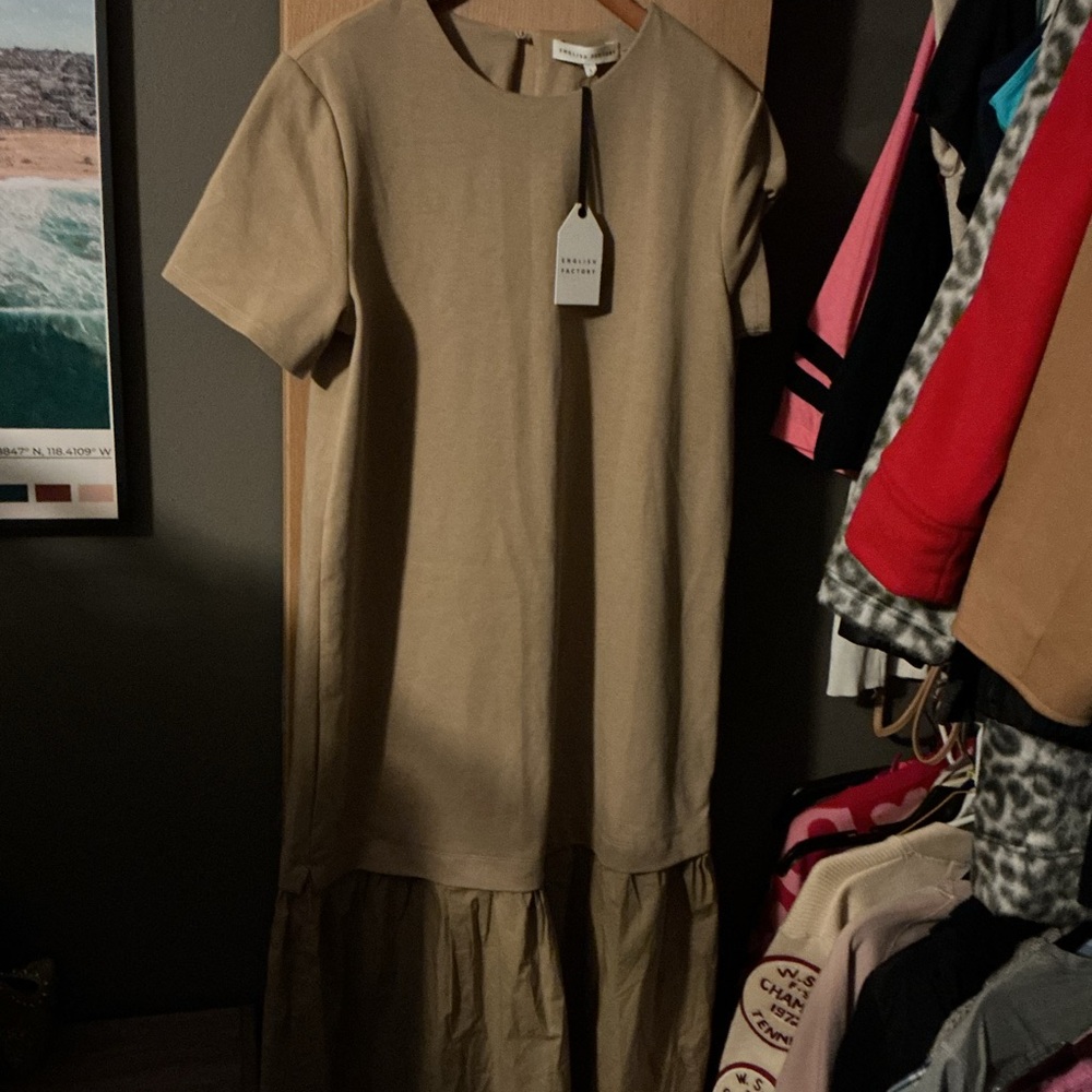 NWT English Factory Tan Short-Sleeve Ruffle-Hem Dress - Picture 9 of 9